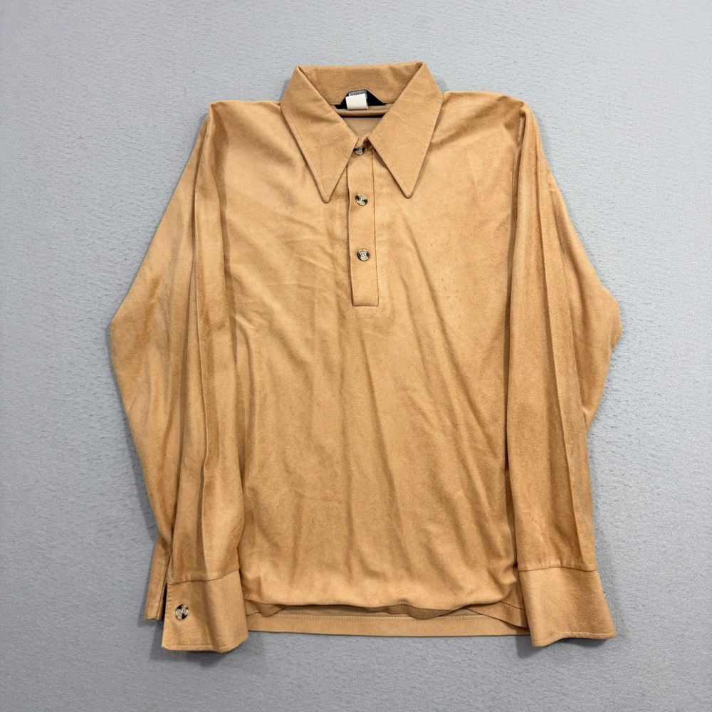 JCPenney Polo Shirt Mens Medium Tan Vintage 70s Long Sleeve Faux Suede Pullover
